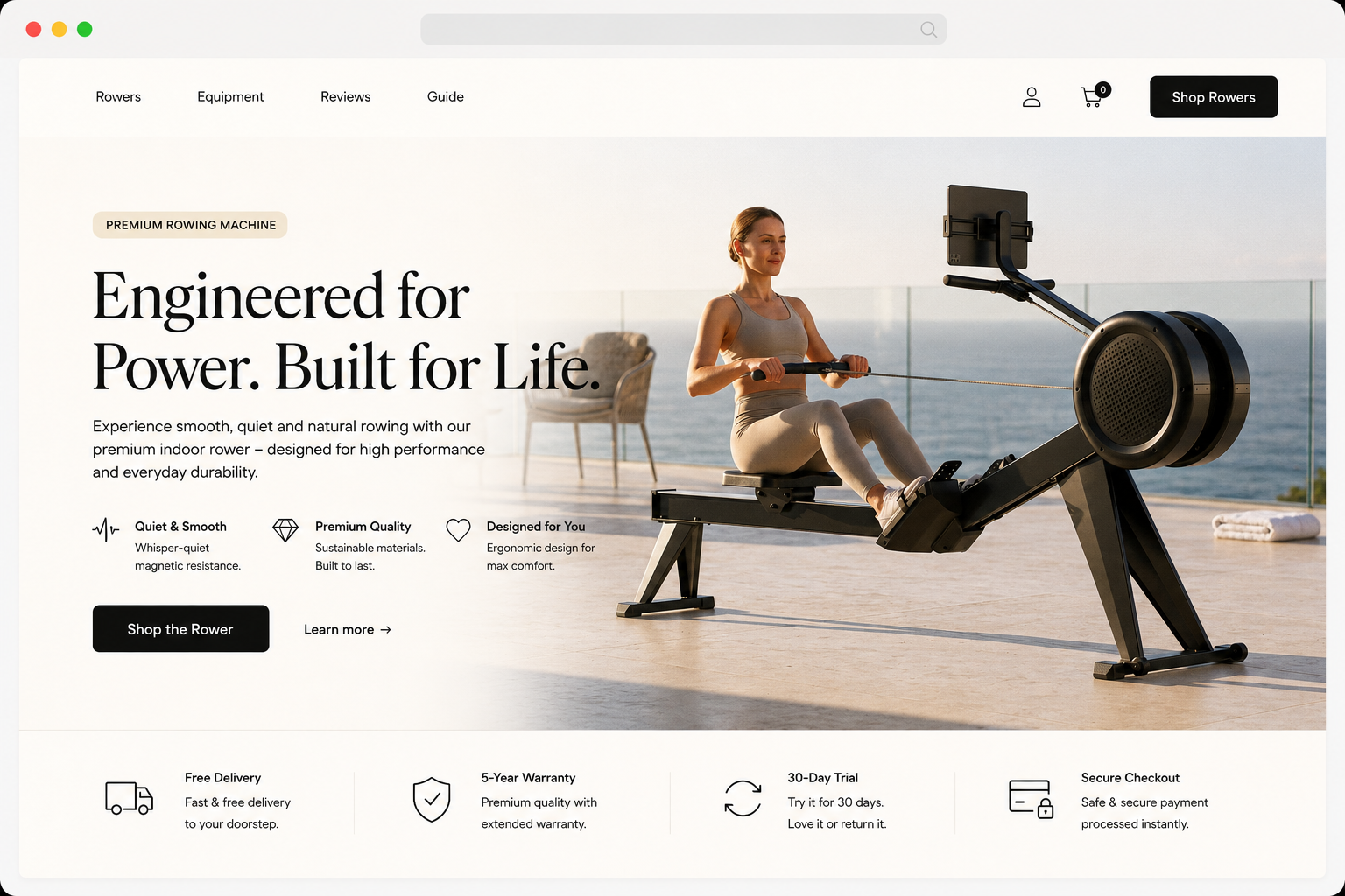 Premium rowing machine product page concept
